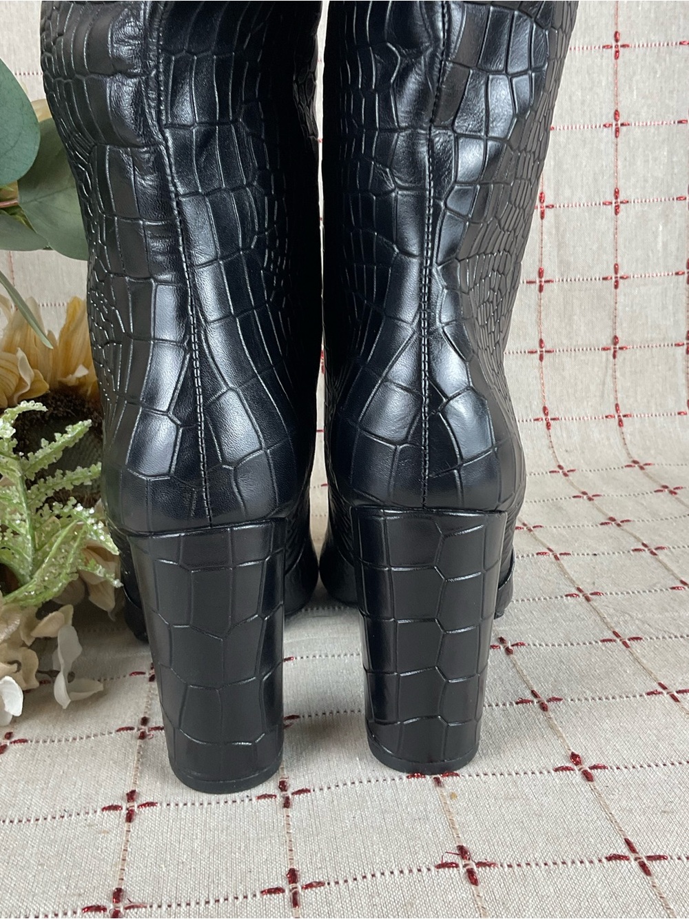 Authentic PAIGE Carmen Black Croc Embossed Leather Pointed Toe Knee High Boots 6 - Picture 6 of 6